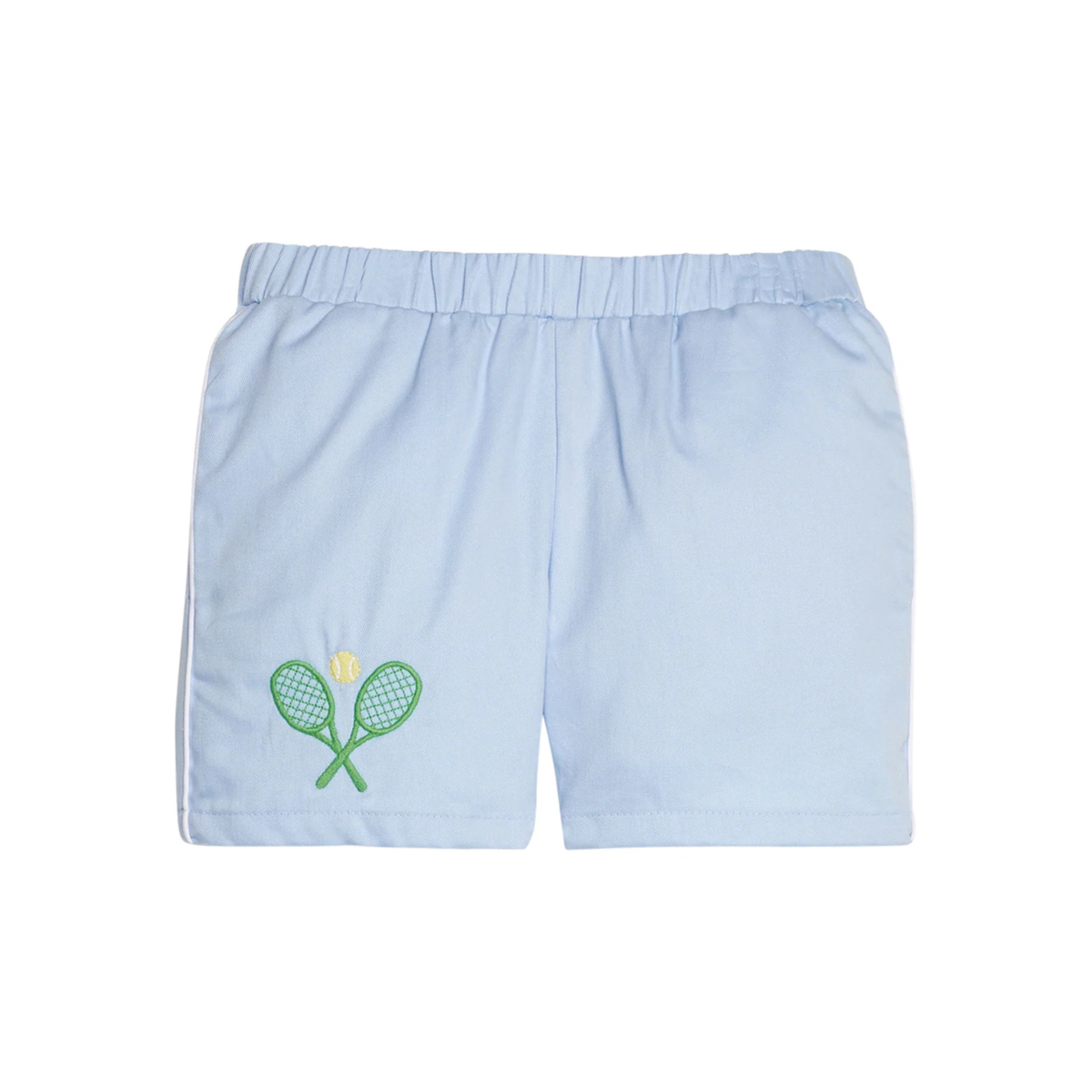 Light blue shorts with tennis racket and ball design on a white background.