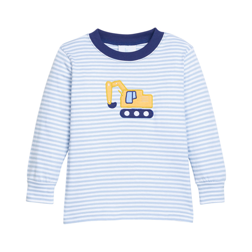Blue and white striped  long-sleeve shirt with and excavator design on a white background