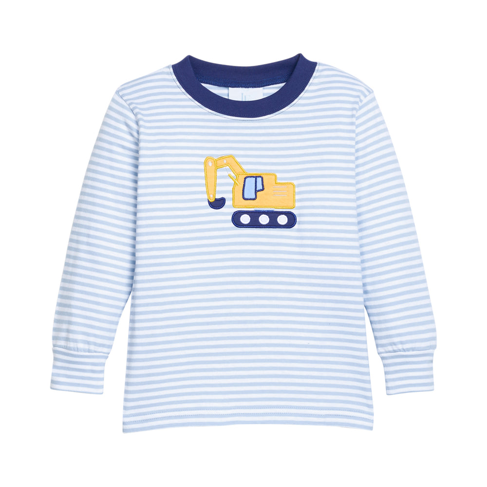 Blue and white striped  long-sleeve shirt with and excavator design on a white background