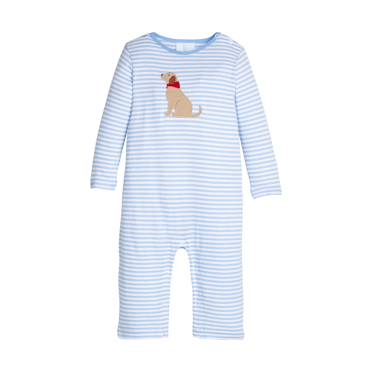 Blue and white striped baby romper with a dog design on a white background.