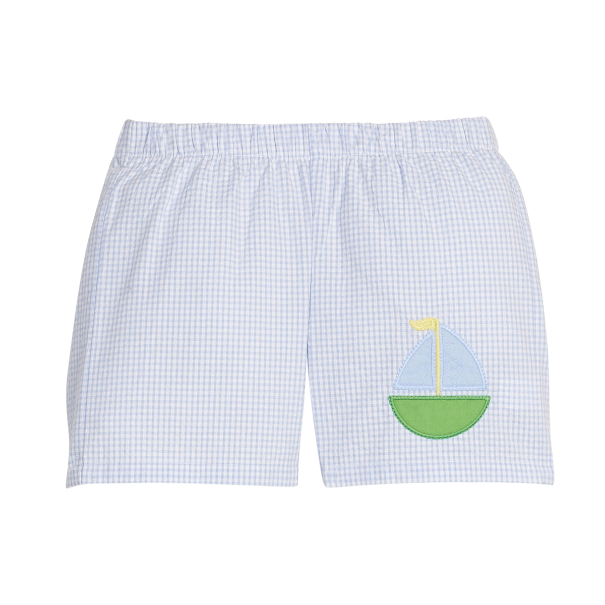 Blue and white checkered shorts with a sailboat design on a white background.