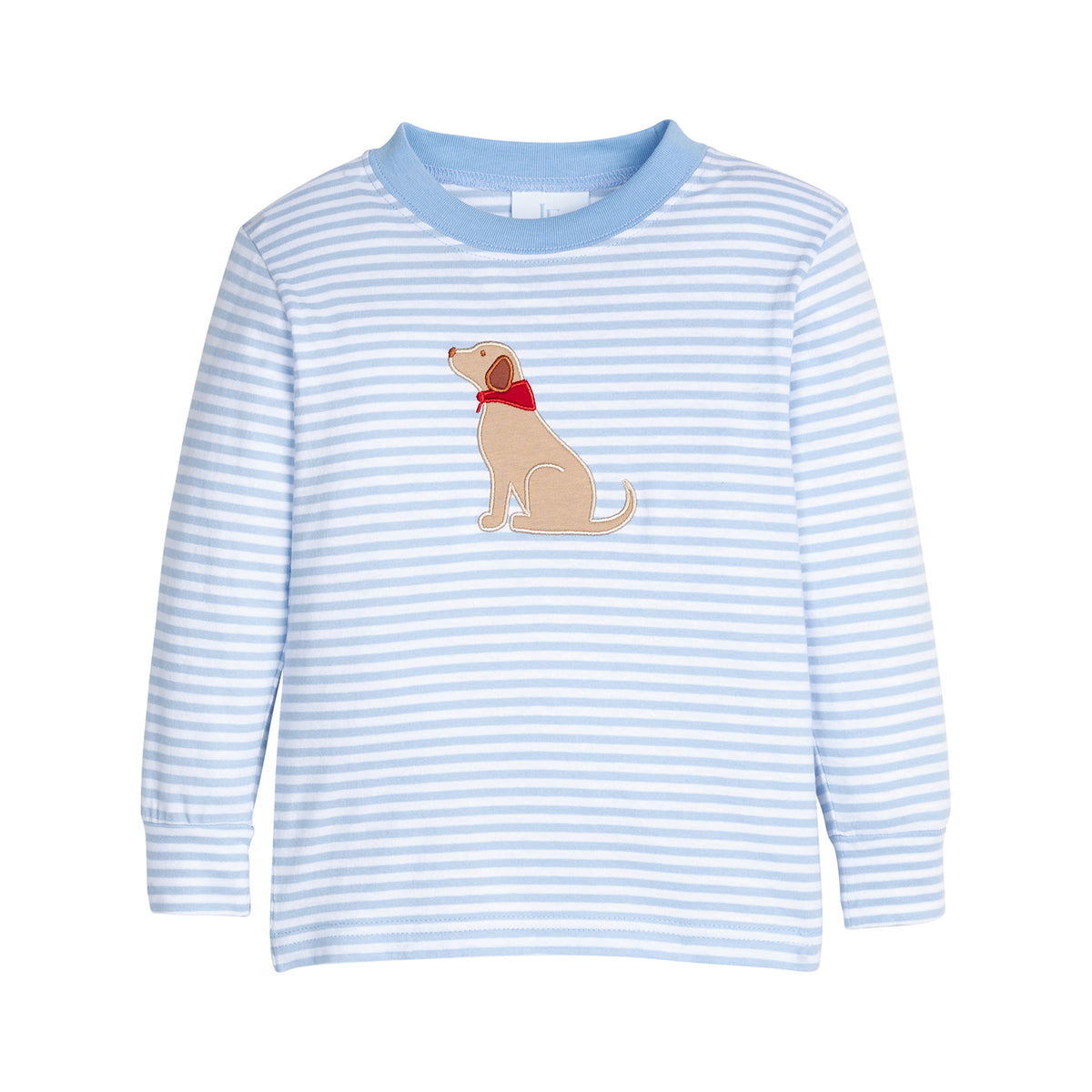 Blue and white striped shirt with a dog graphic on a white background.