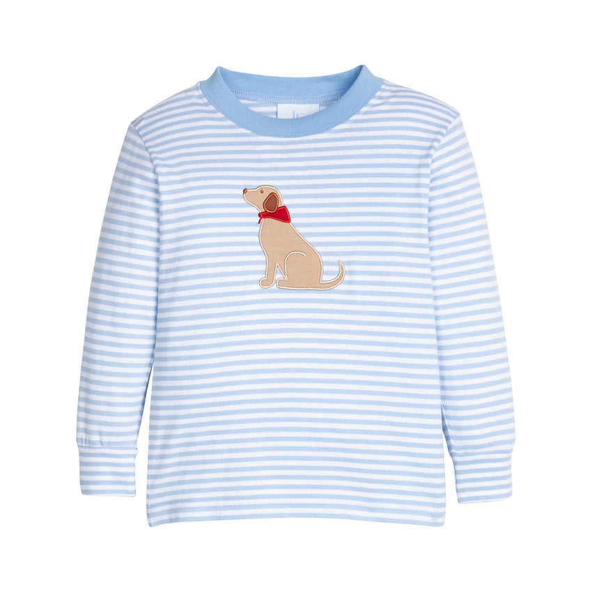 Blue and white striped shirt with a dog graphic on a white background.