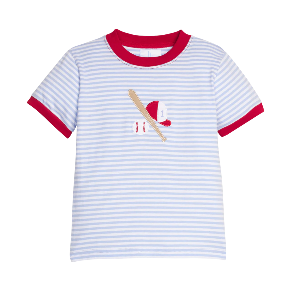 Blue and white striped t-shirt and red trim along with a baseball cap and bat design on a white background.