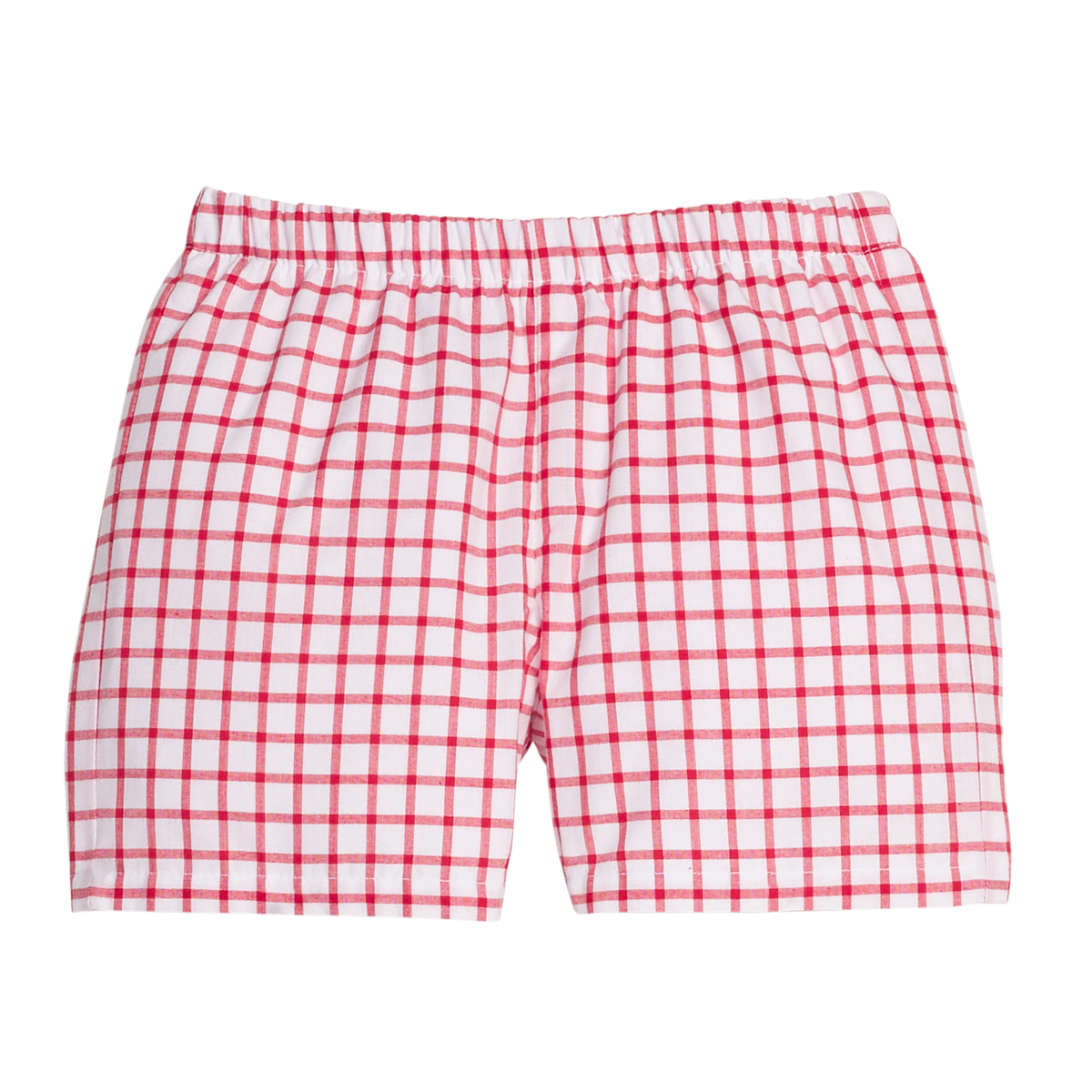 Red and white window pane shorts on a white background.