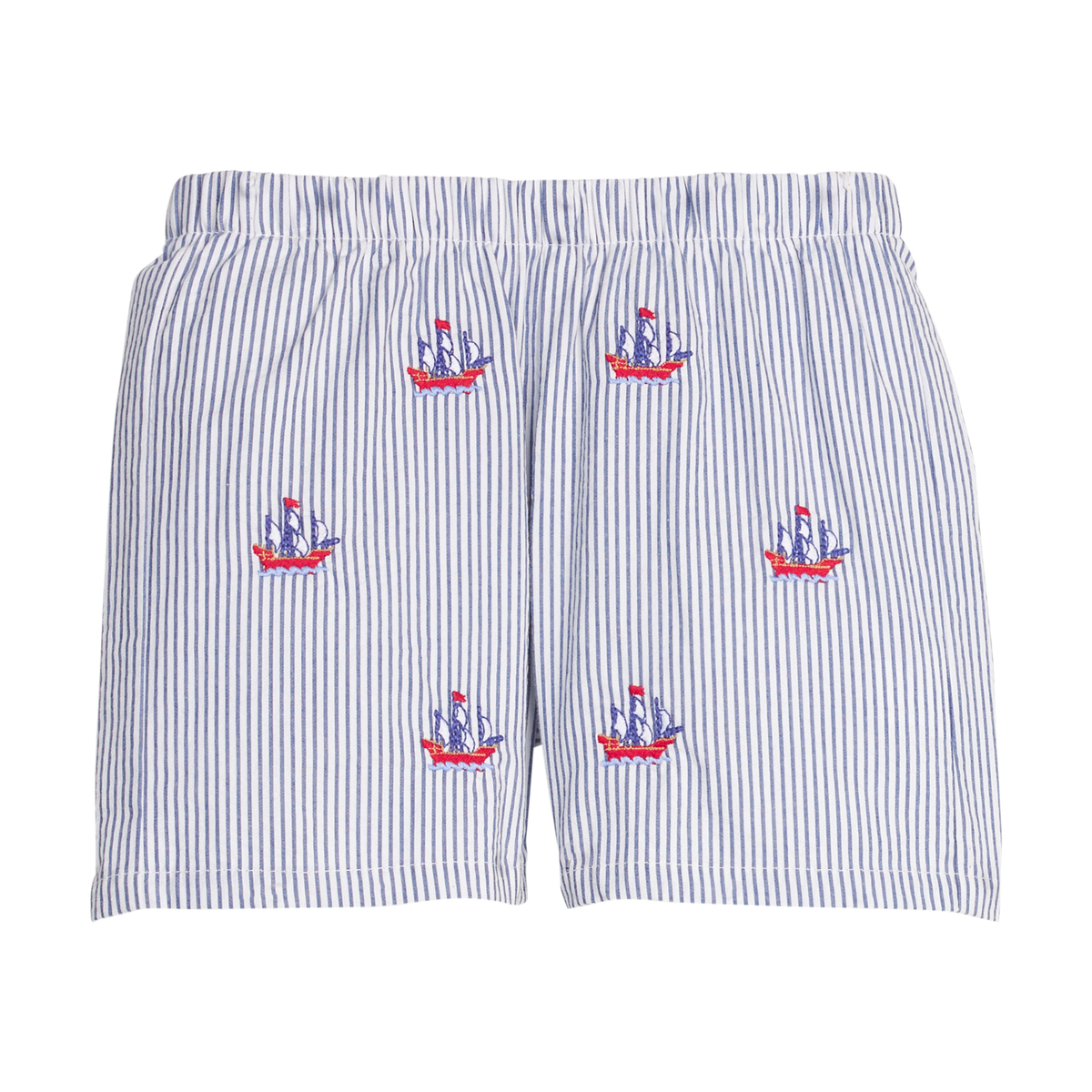 Striped shorts with embroidered ship designs on a white background.