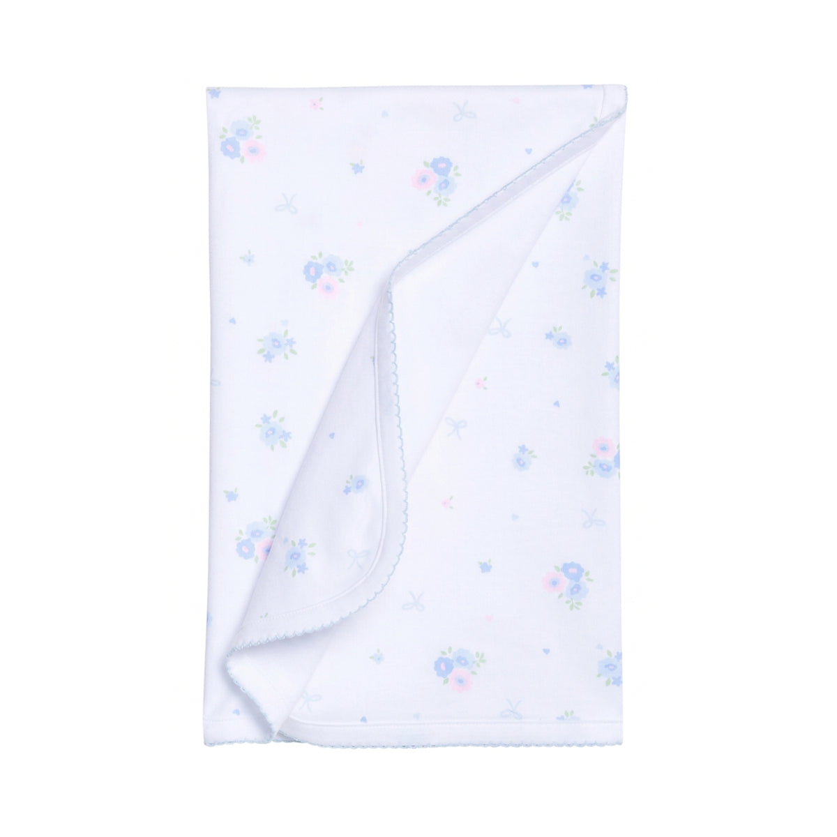 White baby blanket with blue floral patterns on a white background.