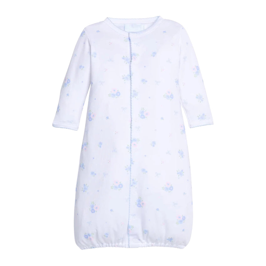 White baby converter gown with blue floral pattern on a white background.