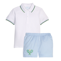 Children's white polo shirt with collar and sleeve trim and light blue shorts set with tennis racket design on a white background.