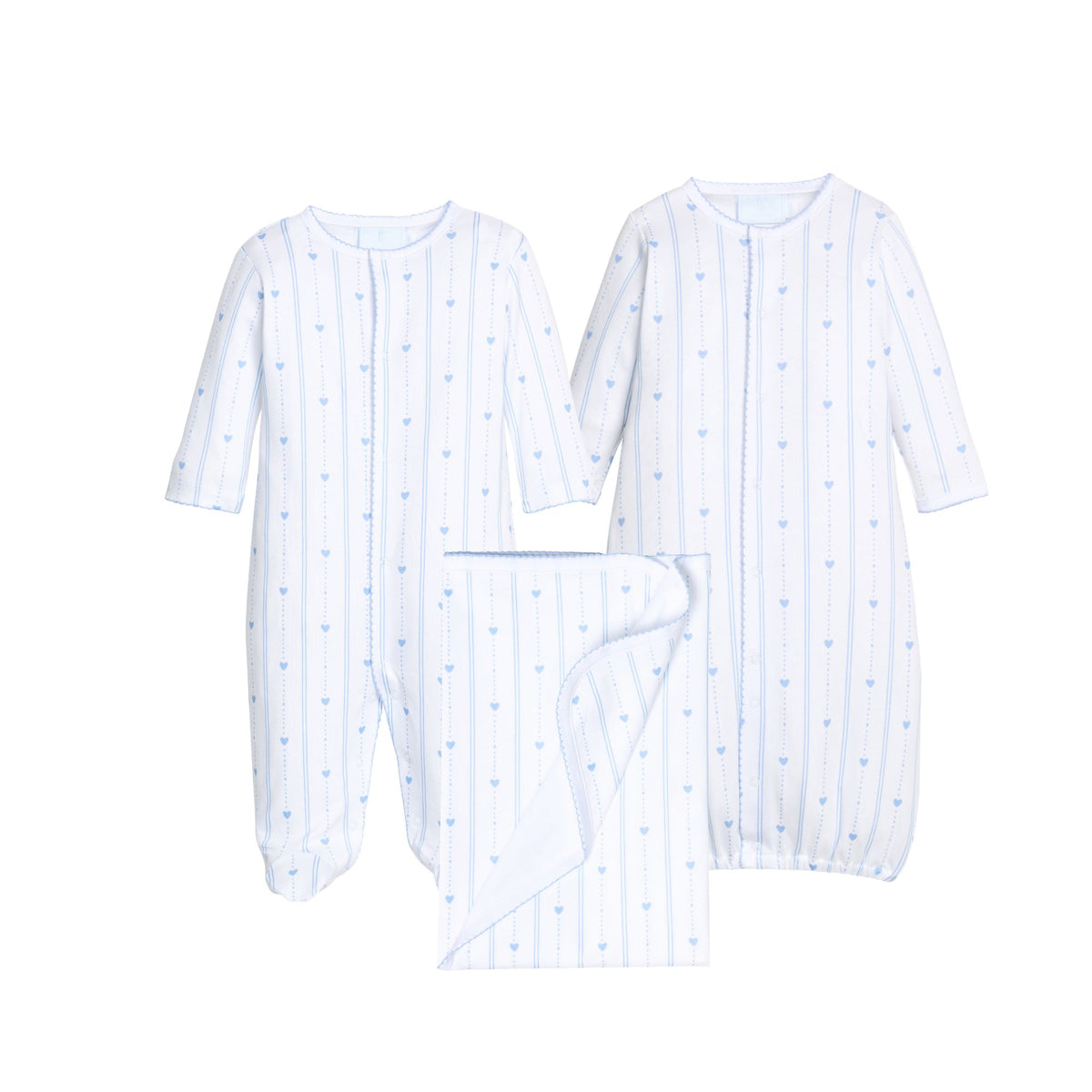A three-piece baby sleepwear set featuring a footed long-sleeve sleeper, a matching long-sleeve sleeper, and a matching folded blanket, all in white with light blue vertical stripes and small blue heart patterns.