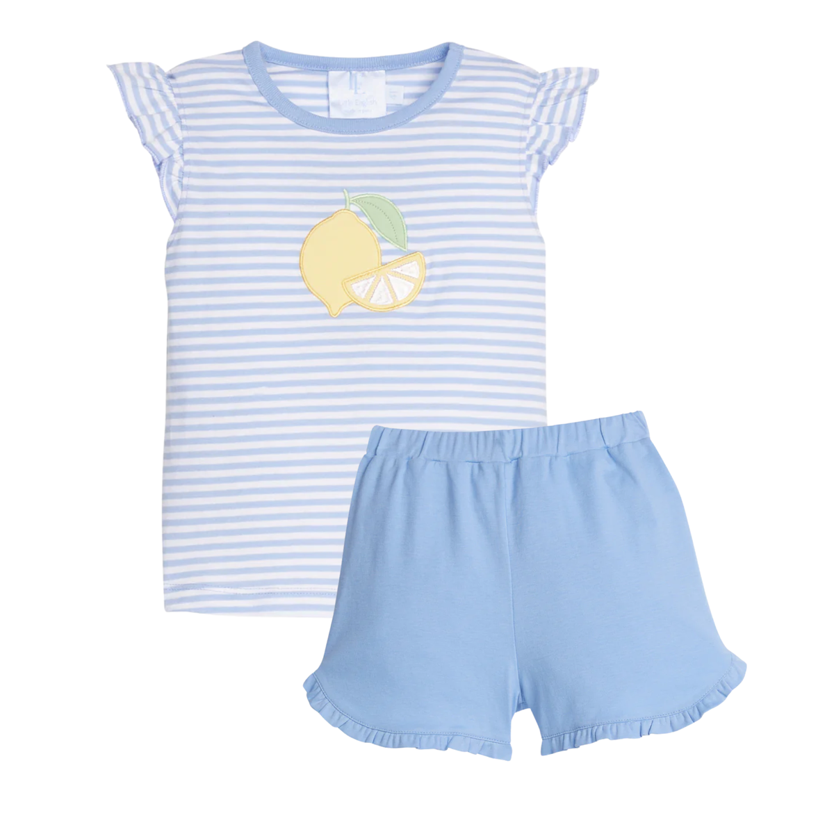 Children's outfit with lemon appliques on a striped shirt and shorts on a white background.