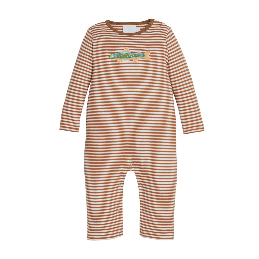 Brown and white striped baby onesie with a small fish on a white background.