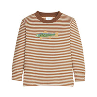 Brown and white striped long-sleeve shirt with a fish design on a white background.