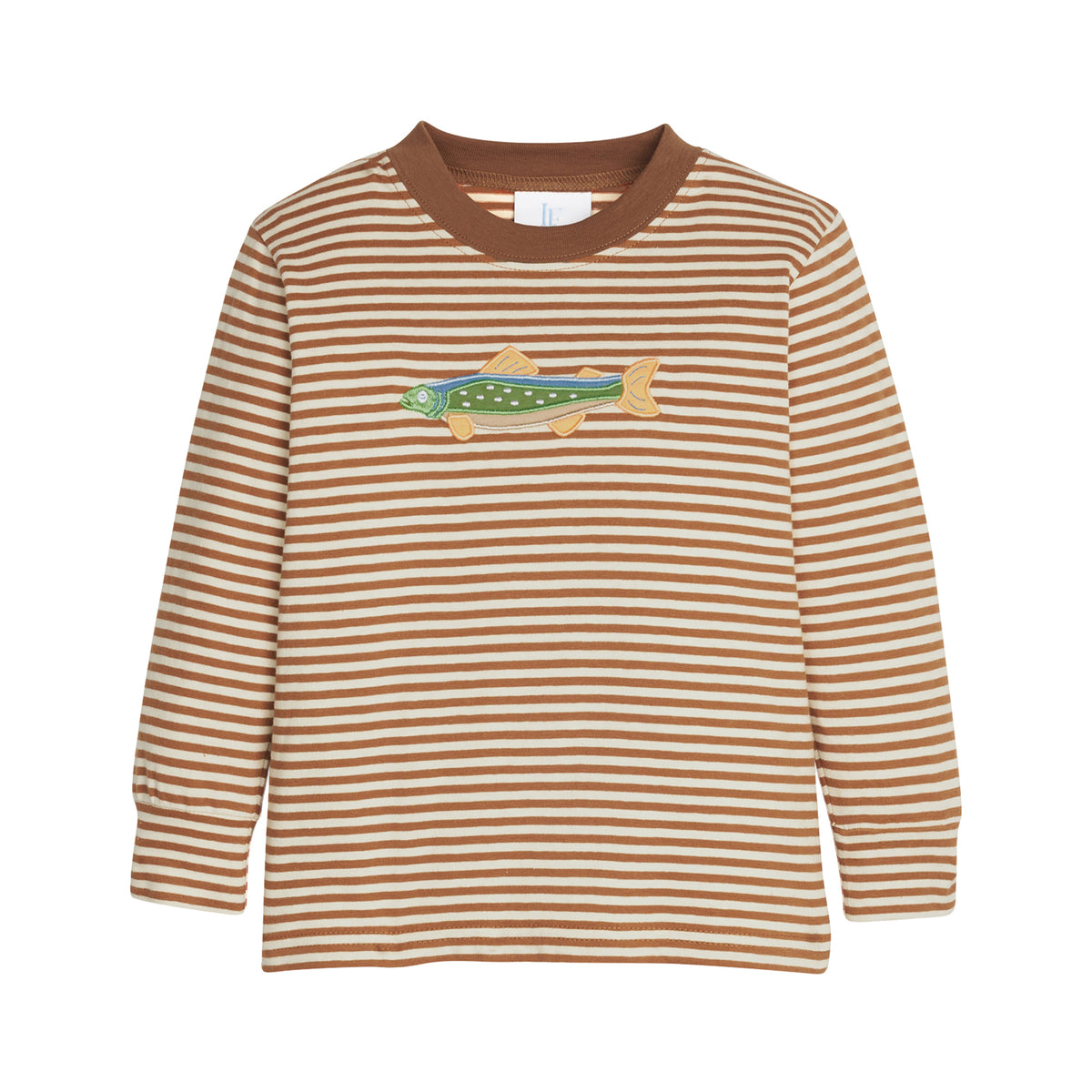 Brown and white striped long-sleeve shirt with a fish design on a white background.