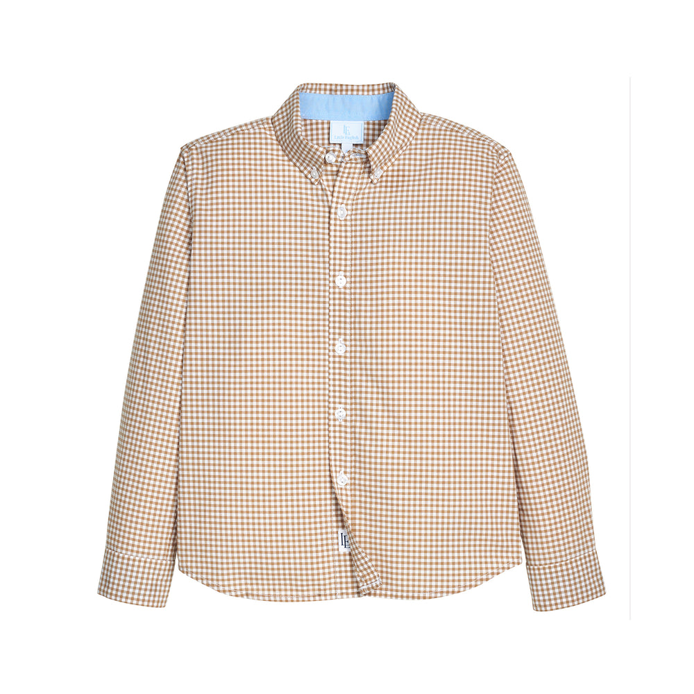 Brown checkered button-down shirt on a white background.