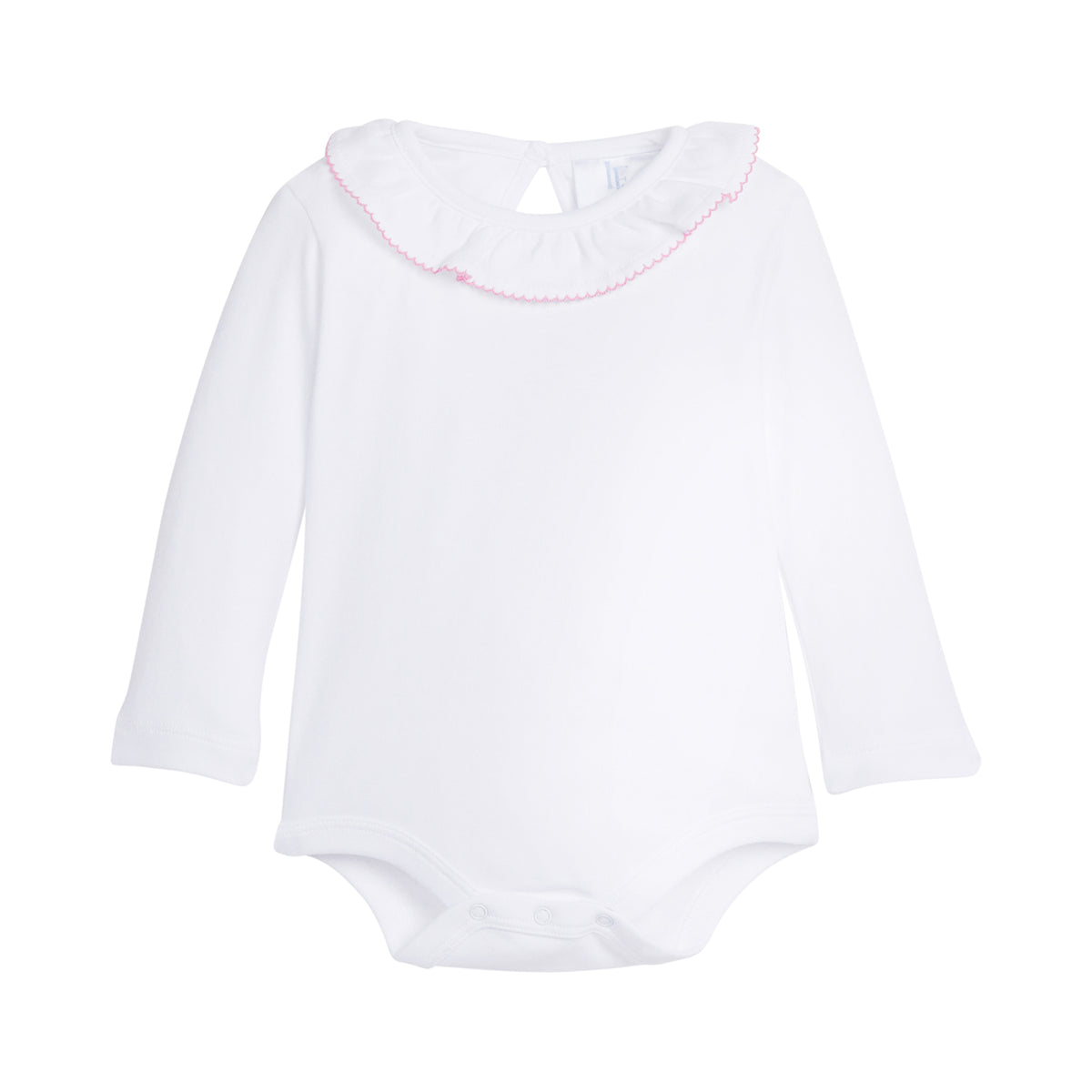 White long-sleeve baby bodysuit with pink trim on a white background.