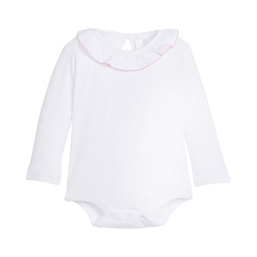 White long-sleeve baby bodysuit with pink trim on a white background.