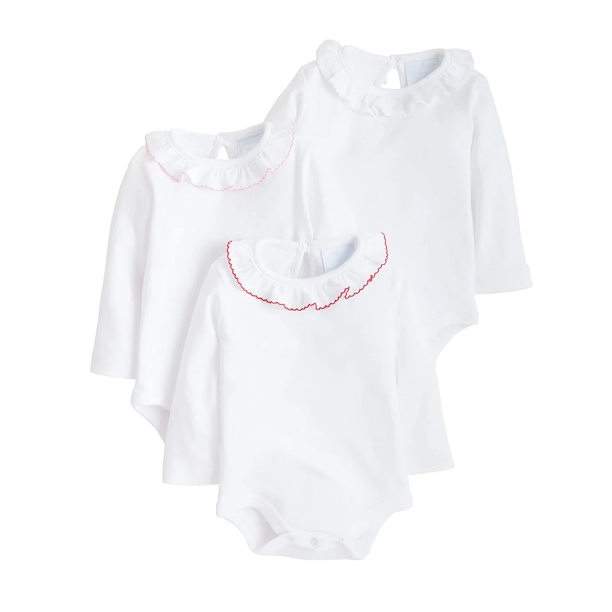 Three white long-sleeve baby bodysuits with ruffled collars, each featuring a different colored embroidered border (pink, red, and orange), arranged on a plain white background.