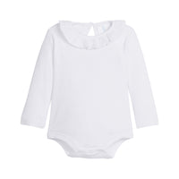 White baby long sleeve onesie on a white background.