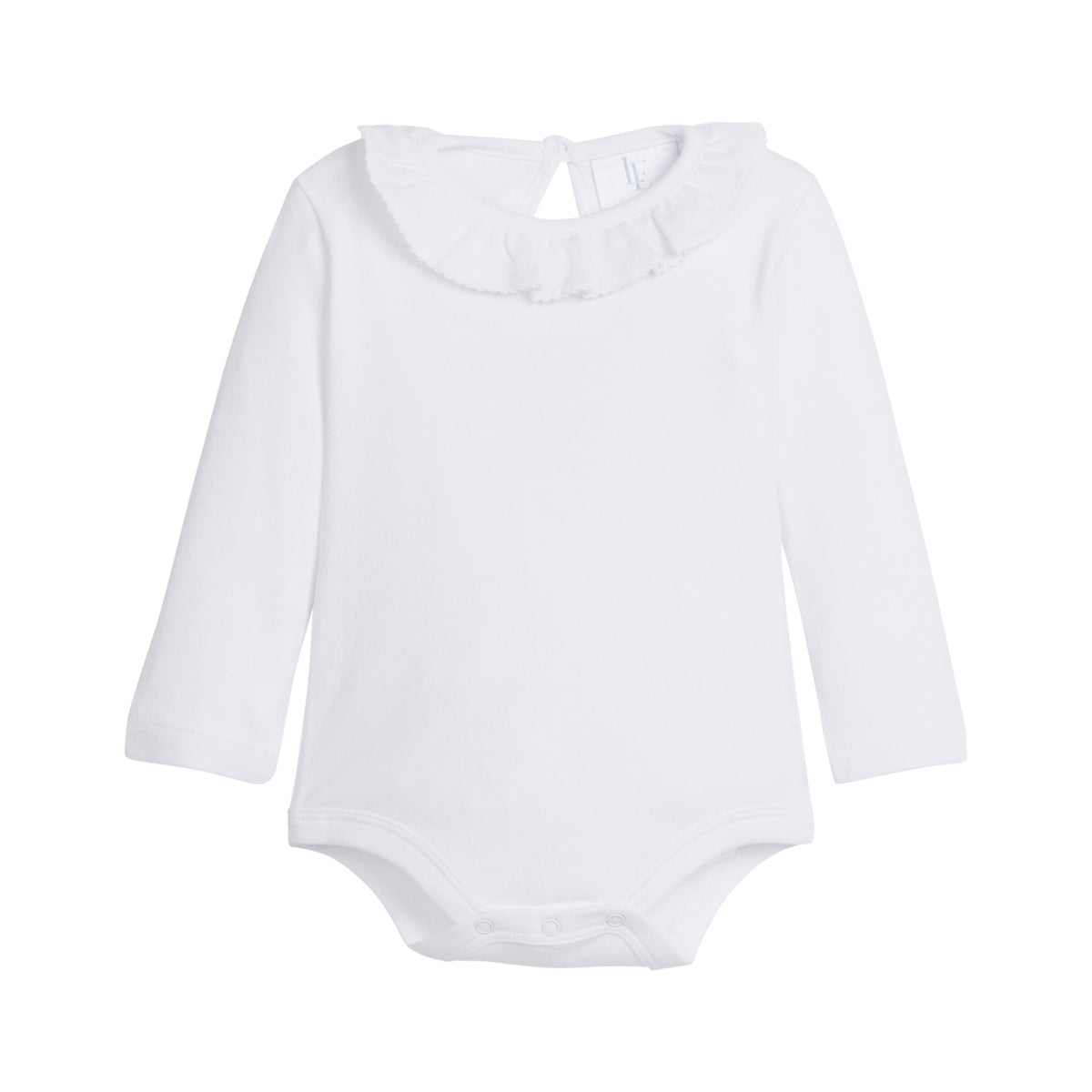 White baby long sleeve onesie on a white background.