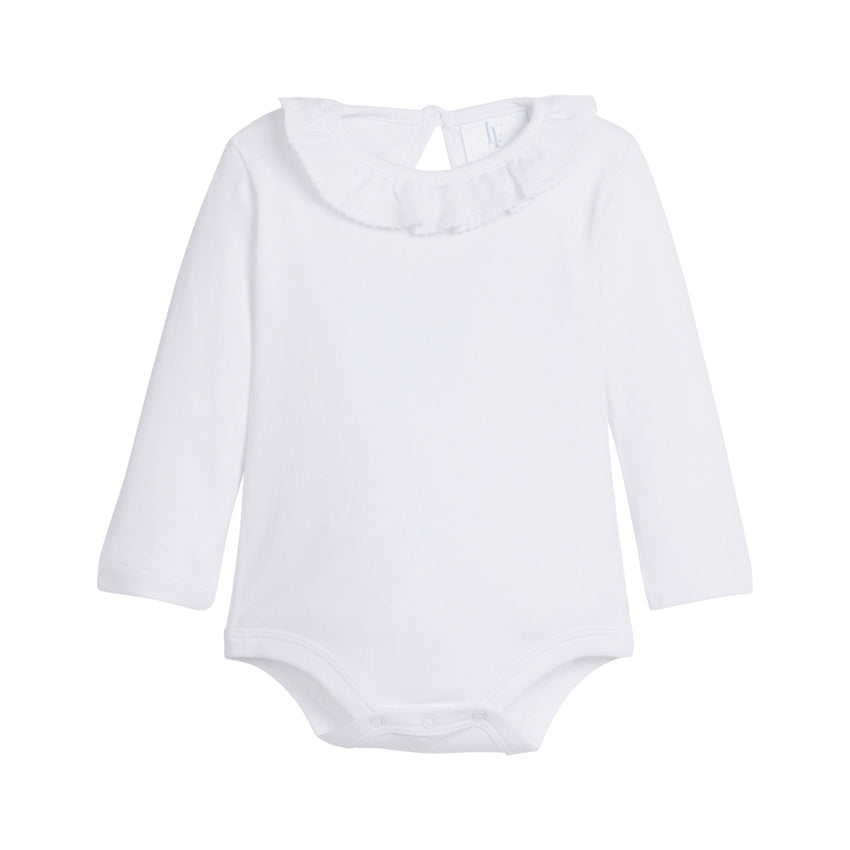 White baby long sleeve onesie on a white background.