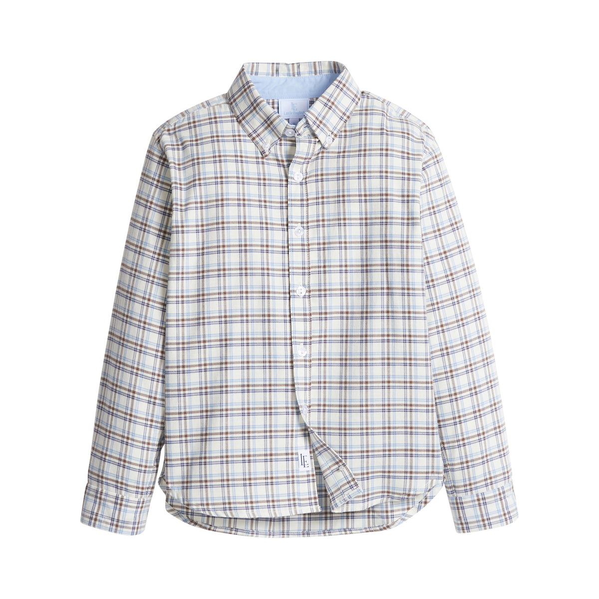 Brown and blue plaid button-down shirt  on a white background.