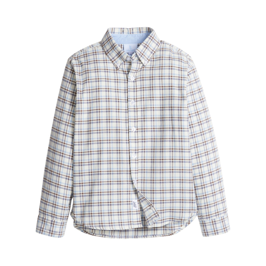 Brown and blue plaid button-down shirt  on a white background.