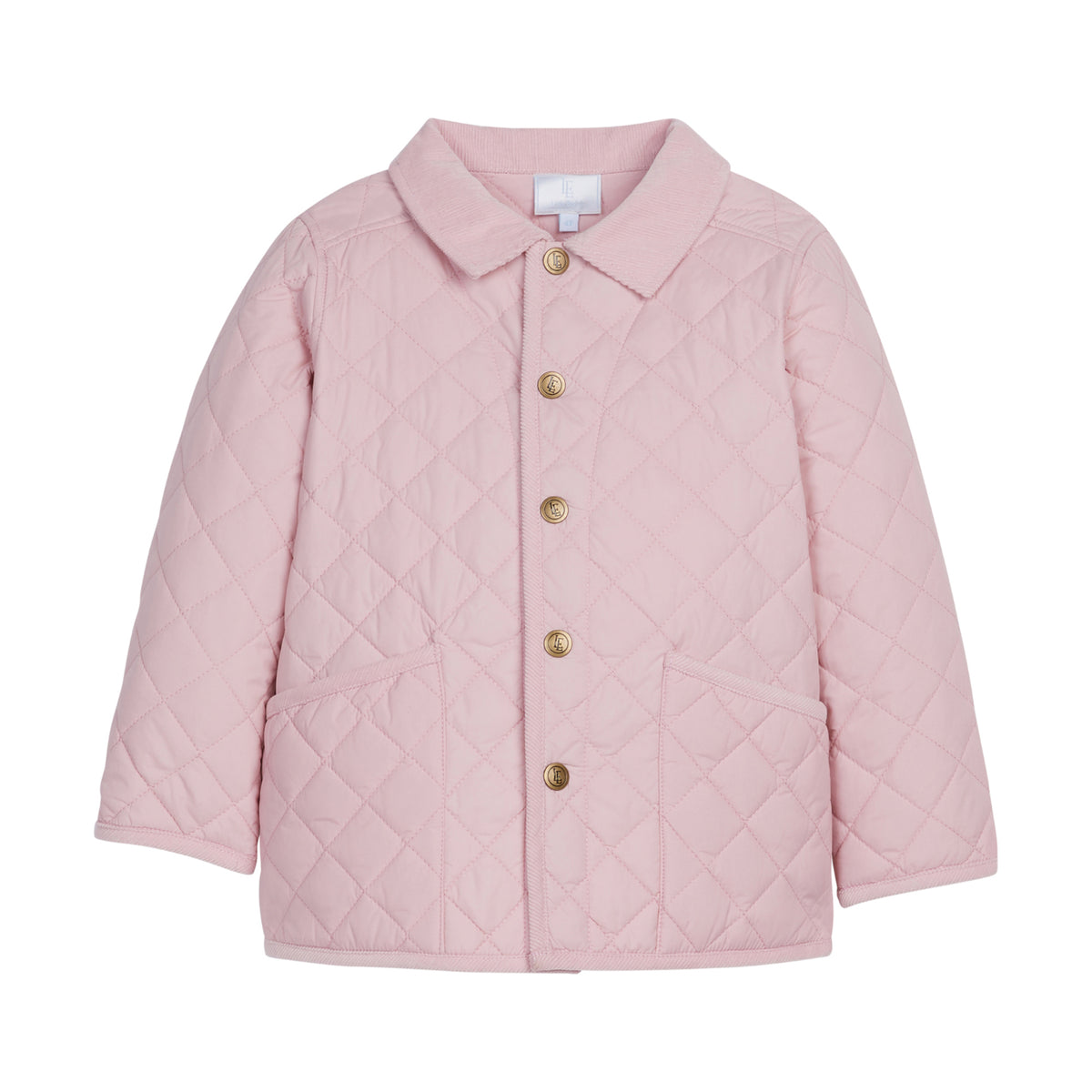 Pink quilted jacket with gold buttons on a white background.