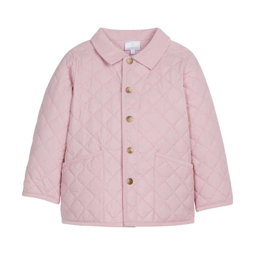 Pink quilted jacket with gold buttons on a white background.