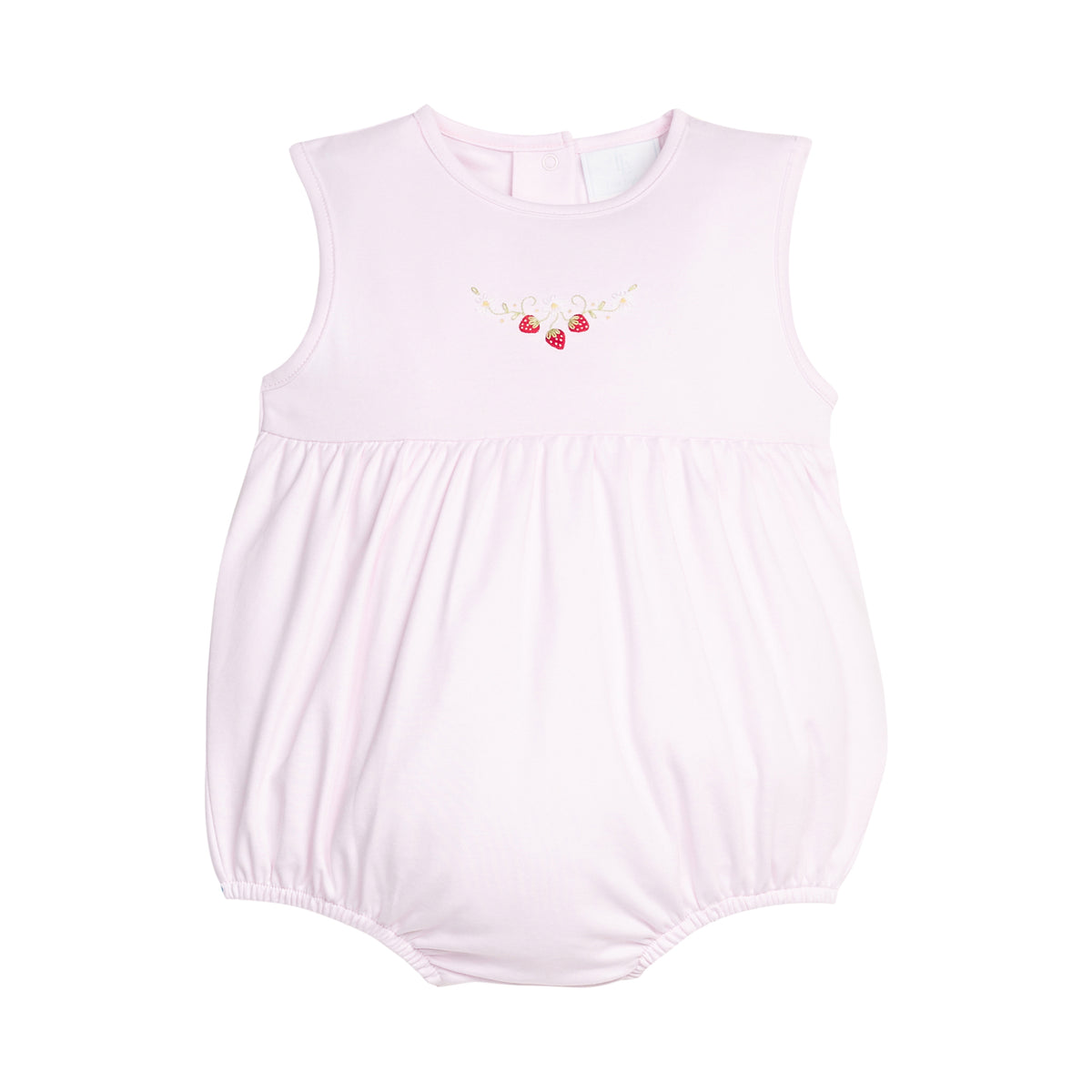 Pink baby romper with strawberry design on a white background.