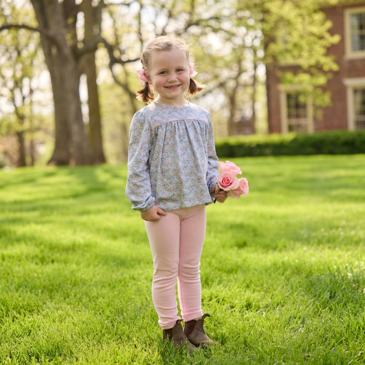 A young girl stands on a sunny green lawn holding a small bouquet of pink roses. She is wearing a light blue and white floral long-sleeve top, pink leggings, and brown boots, with trees and a brick building softly blurred in the background.