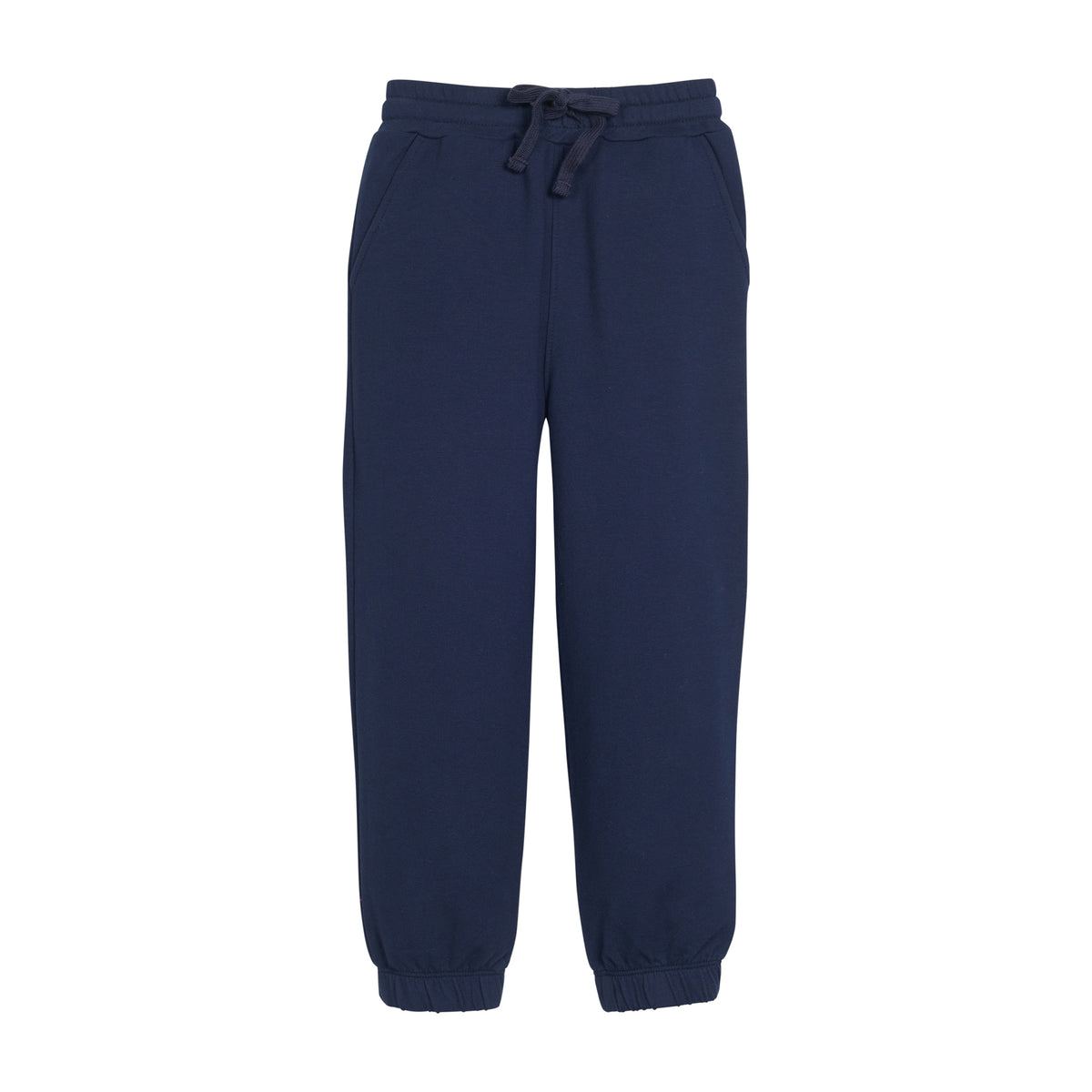 Navy blue sweatpants with a drawstring on a white background.