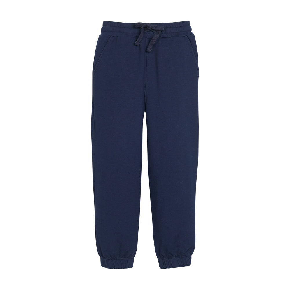 Navy blue sweatpants with a drawstring on a white background.