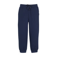 Navy blue sweatpants with a drawstring on a white background.