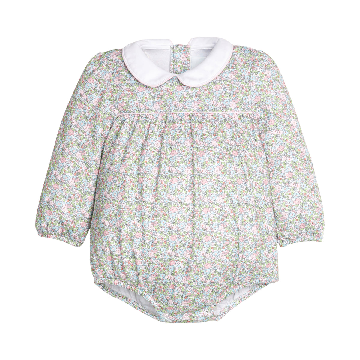 Green and pink floral baby romper with a white collar on a white background.