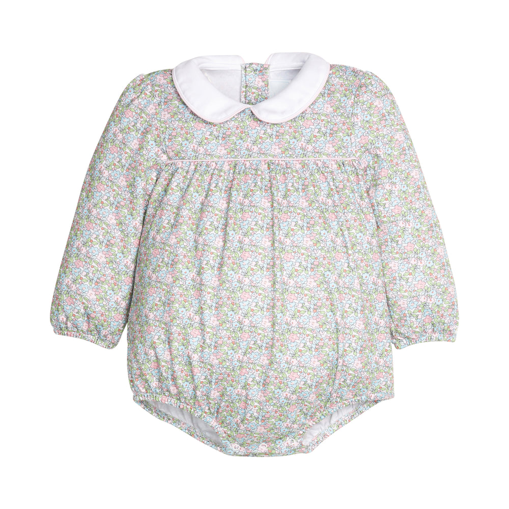 Green and pink floral baby romper with a white collar on a white background.