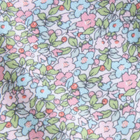 Floral fabric in blues, pinks and green colors.