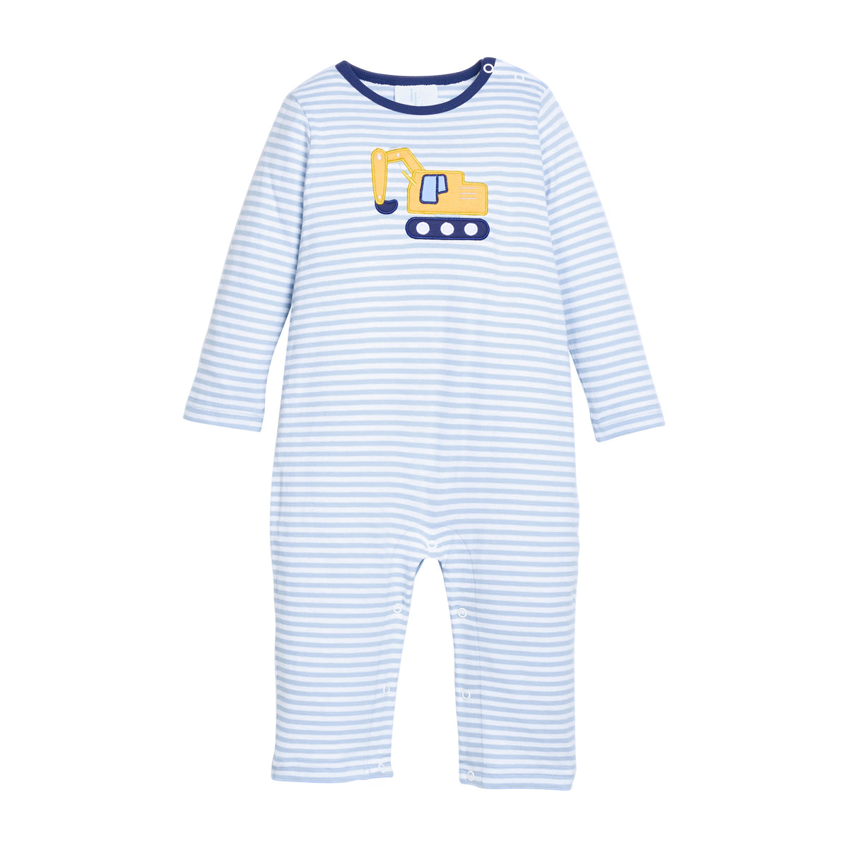 Blue and white striped baby romper with excavator design on a white background.