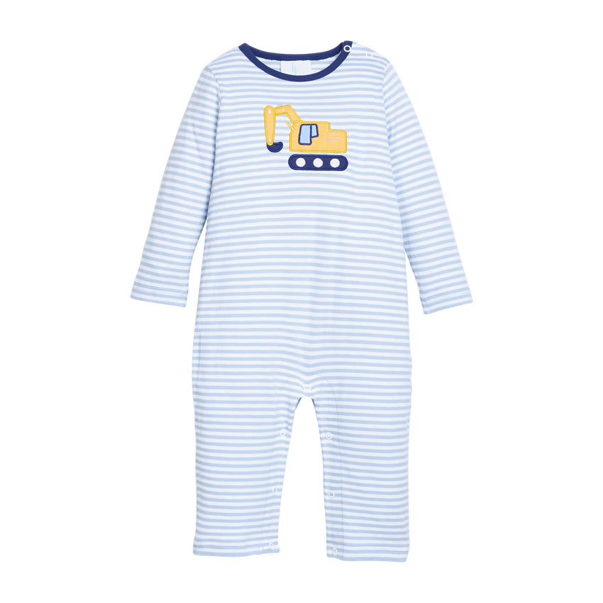 Blue and white striped baby romper with excavator design on a white background.