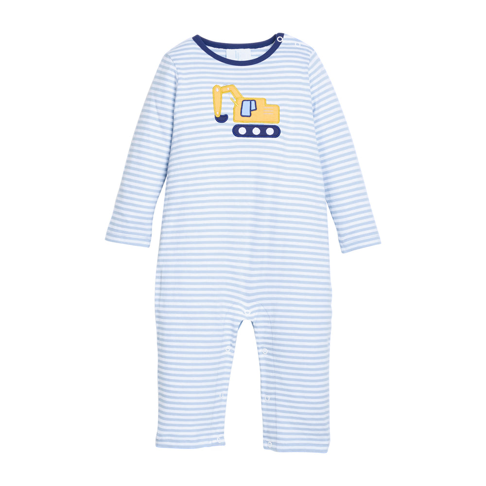 Blue and white striped baby romper with excavator design on a white background.
