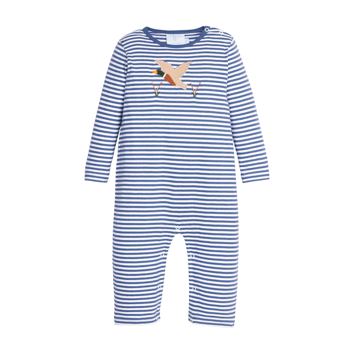 Blue and white striped long sleeve romper with flying duck design on a white background.