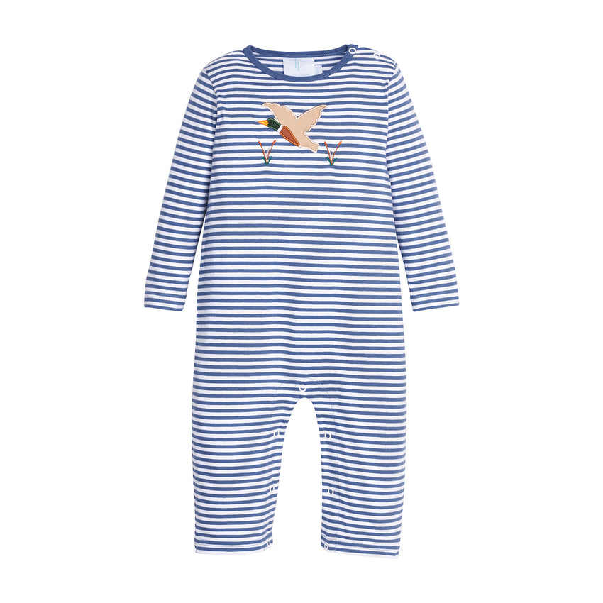 Blue and white striped long sleeve romper with flying duck design on a white background.