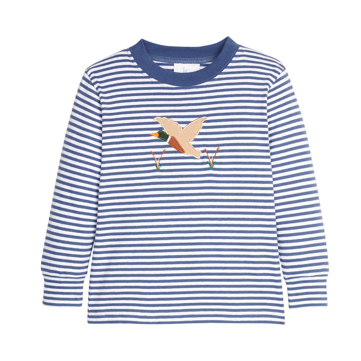 Blue and white striped long-sleeve shirt with a duck design on a white background.