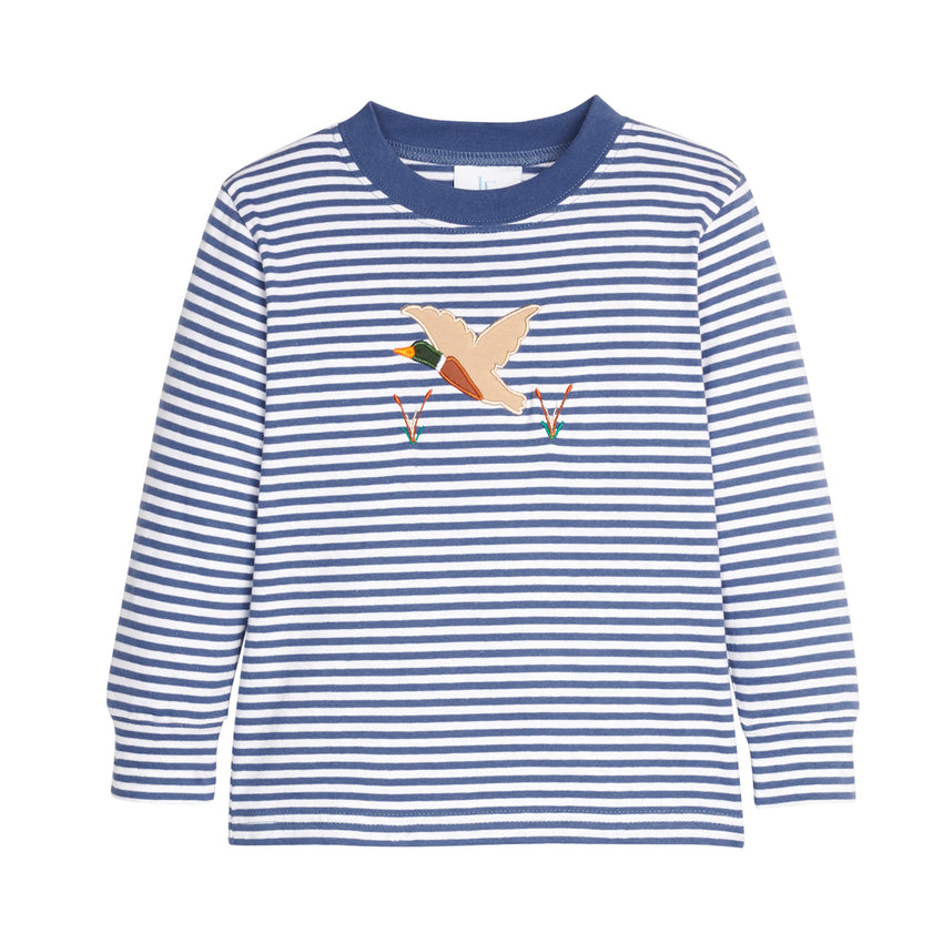 Blue and white striped long-sleeve shirt with a duck design on a white background.