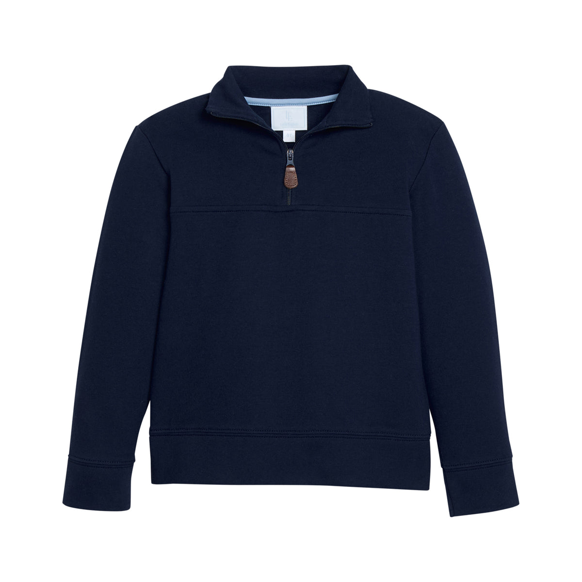 Navy blue pullover with a quarter zip on a white background.