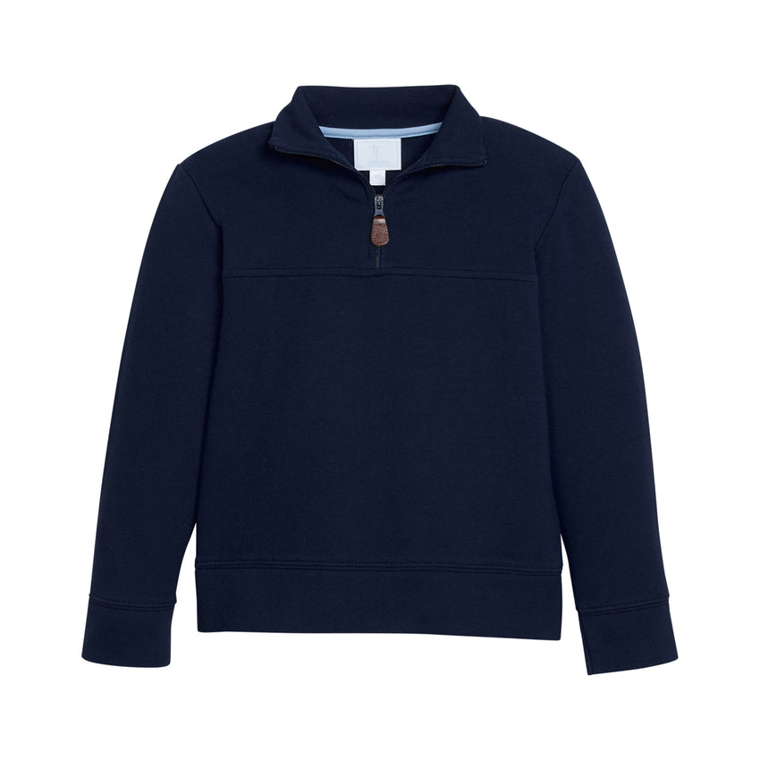 Navy blue pullover with a quarter zip on a white background.