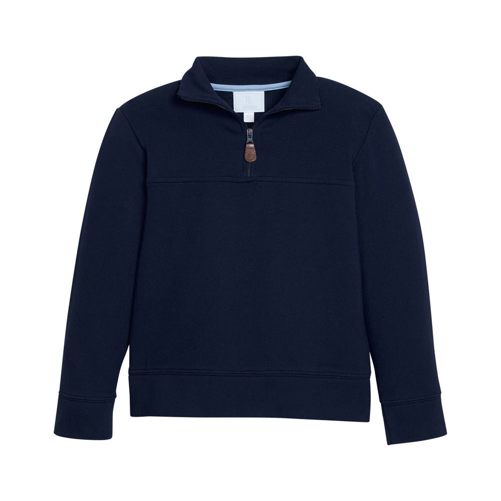 Navy blue pullover with a quarter zip on a white background.