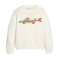 Cream-colored sweater with a fish design on a white background.