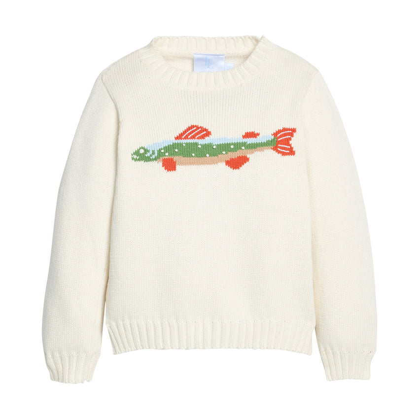 Cream-colored sweater with a fish design on a white background.