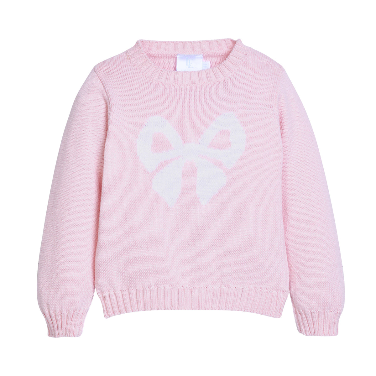 Pink sweater with a large white bow on a white background.